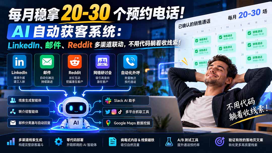(21164期)每月稳拿 20-30 个预约电话!AI 自动获客系统:LinkedIn、邮件、Reddit 多渠道联动,不用代码躺着收线索!-网赚副业网