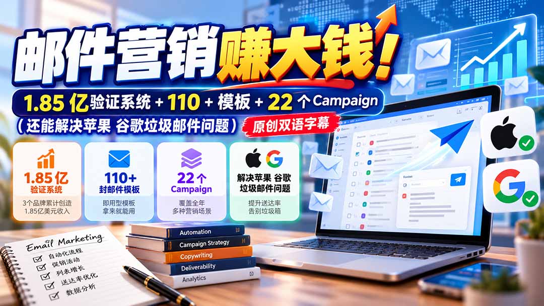 (20984期)邮件营销赚大钱!1.85亿验证系统+110+模板+22个Campaign(还能解决苹果 谷歌垃圾邮件问题)【原创双语字幕】-网赚副业网