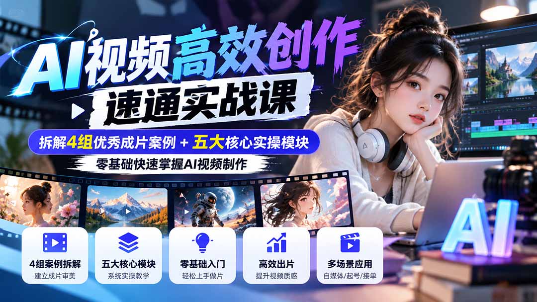 (20819期)【无水印】AI视频高效创作速通实战课:拆解4组优秀成片案例+五大核心实操模块,零基础快速掌握AI视频制作-网赚副业网
