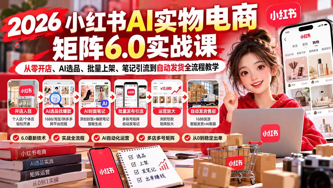 （21274期）2026小红书AI实物电商矩阵6.0实战课：从零开店、AI选品、批量上架、笔记引流到自动发货全流程教学-网赚副业网