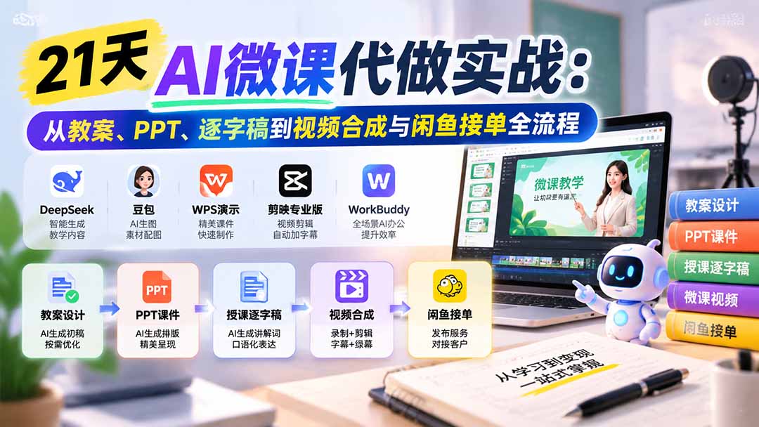 （21065期）21天AI微课代做实战：从教案、PPT、逐字稿到视频合成与闲鱼接单全流程-网赚副业网