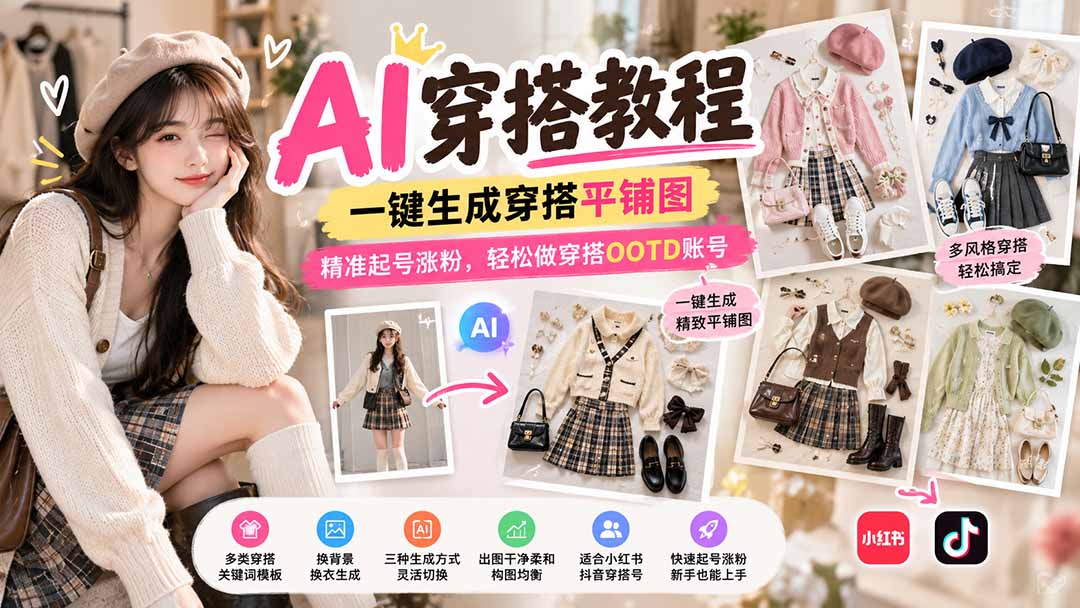 (21134期)【无水印】AI穿搭教程|一键生成穿搭平铺图,精准起号涨粉,轻松做穿搭OOTD账号-网赚副业网