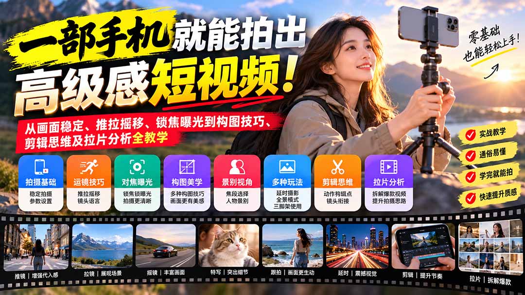（21272期）一部手机就能拍出高级感短视频！从画面稳定、推拉摇移、锁焦曝光到构图技巧、剪辑思维及拉片分析全教学-网赚副业网