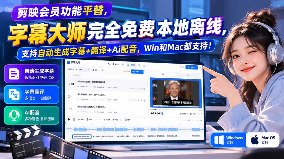 (20902期)剪映会员功能平替,字幕大师完全免费本地离线,支持自动生成字幕+翻译+Ai配音,Win和Mac都支持!-网赚副业网