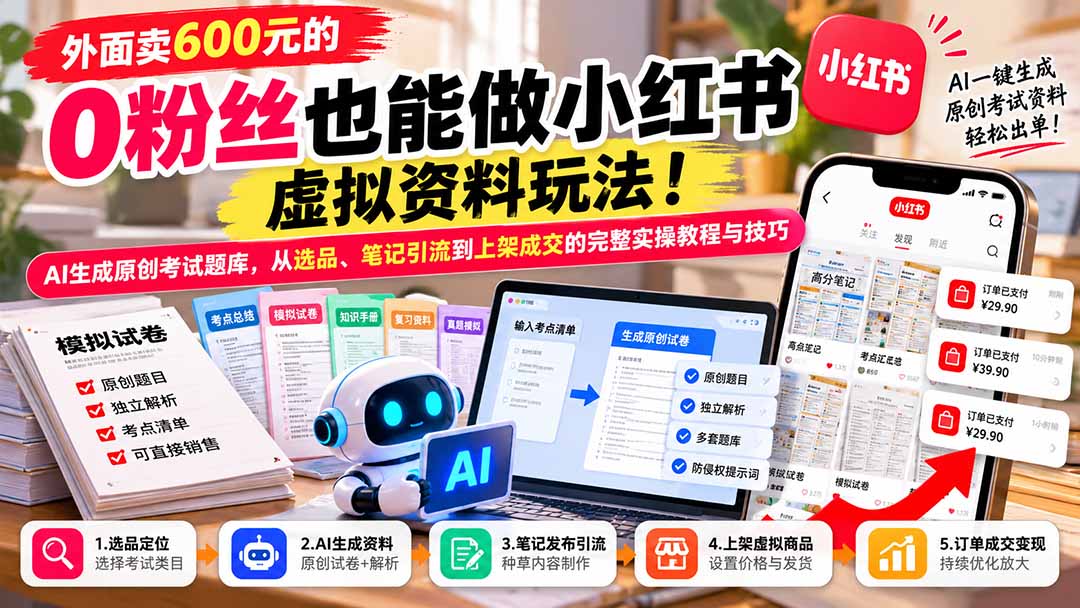 （21181期）外面卖600元的 零粉丝也能做小红书虚拟资料玩法！AI生成原创考试题库，从选品、笔记引流到上架成交的完整实操教程-网赚副业网
