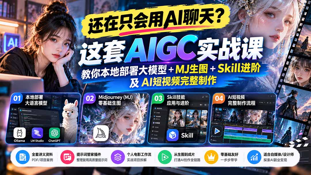 (21135期)【无水印】还在只会用AI聊天?这套AIGC实战课教你本地部署大模型+MJ生图+Skill进阶及AI短视频完整制作-网赚副业网