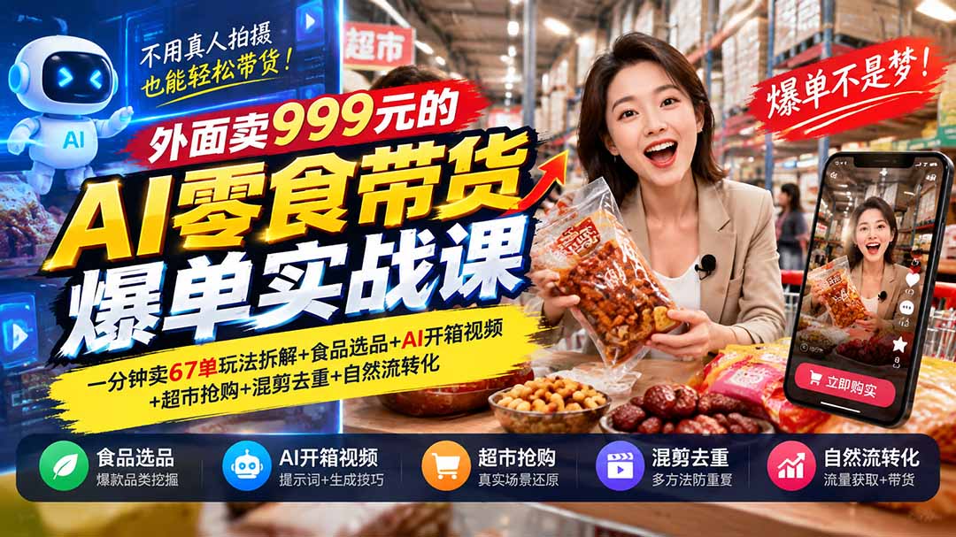 (20994期)外面卖999元的AI零食带货爆单实战课|一分钟卖67单玩法拆解+食品选品+AI开箱视频+超市抢购+混剪去重+自然流转化-网赚副业网