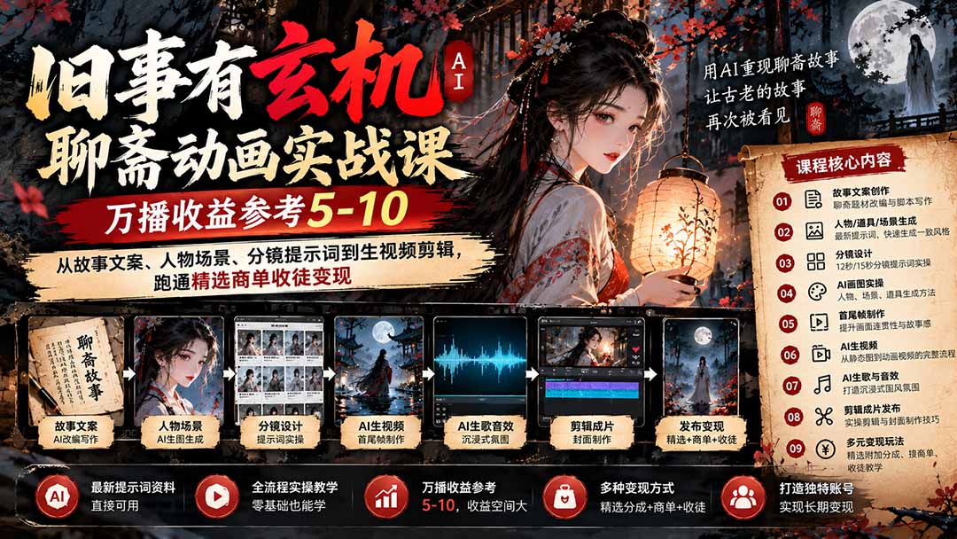 (20789期)旧事有玄机AI聊斋动画实战9月新课:万播收益参考5-10,从故事文案、人物场景到分镜生视频,跑通精选商单收徒-网赚副业网
