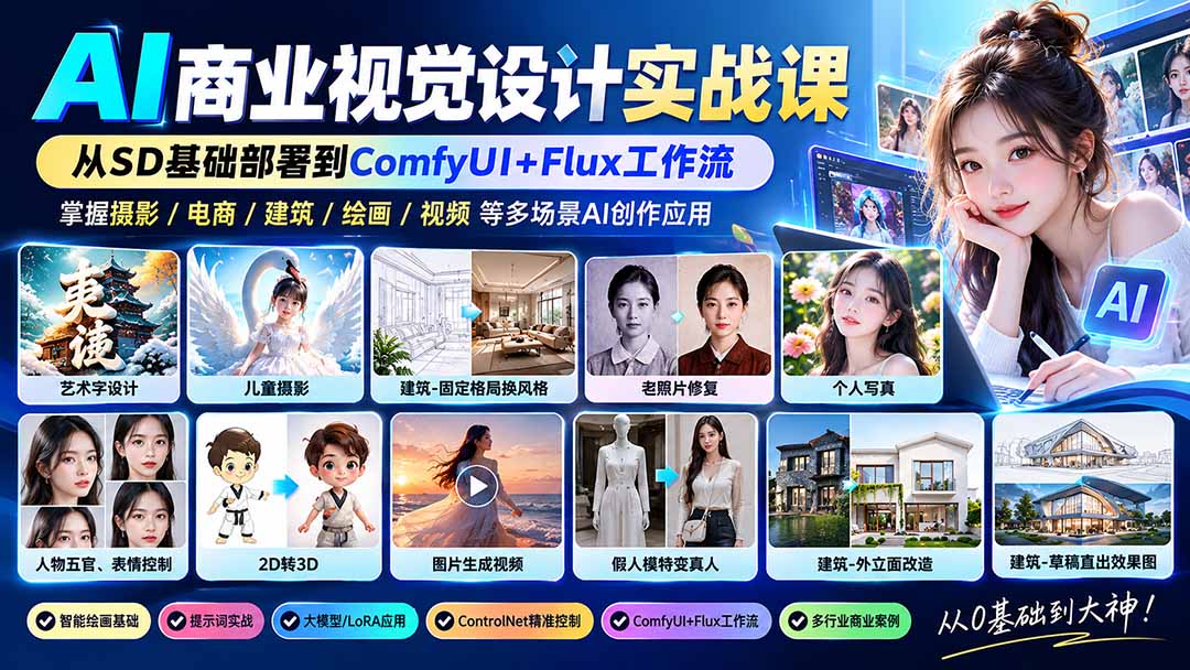 (20824期)【无水印】AI商业视觉设计实战课:从SD基础部署到ComfyUI+Flux工作流,掌握摄影电商建筑AI创作-网赚副业网