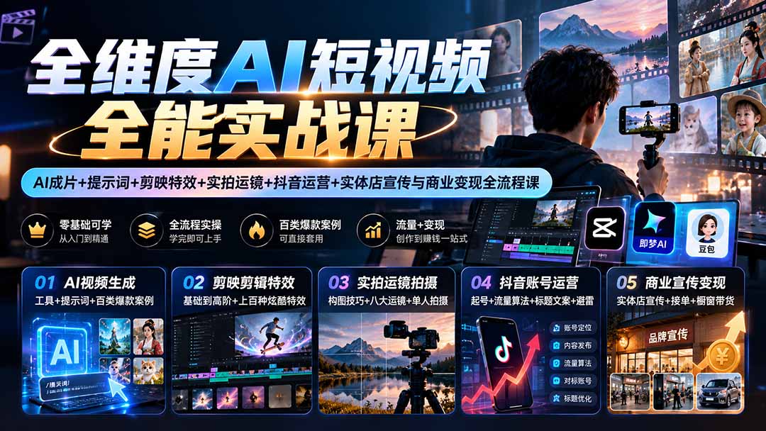 (20768期)【无水印】全维度AI短视频全能实战课:AI成片+提示词+剪映特效+实拍运镜+抖音运营+实体店宣传与商业变现全流程课-网赚副业网