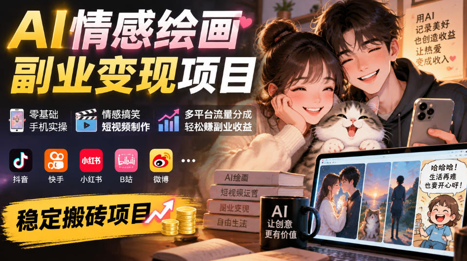 AI情感绘画副业变现项目|零基础手机实操,情感搞笑短视频制作,多平台流量分成轻松賺副业收益-网赚副业网