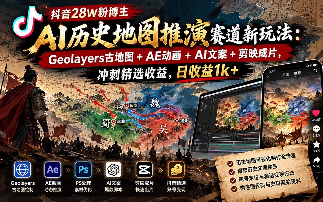 (20809期)抖音28W粉博主AI历史地图推演赛道新玩法:Geolayers古地图+AE动画+AI文案+剪映成片,冲刺精选收益,日收益1k+插图1 (20809期)抖音28W粉博主AI历史地图推演赛道新玩法:Geolayers古地图+AE动画+AI文案+剪映成片,冲刺精选收益,日收益1k+插图1
