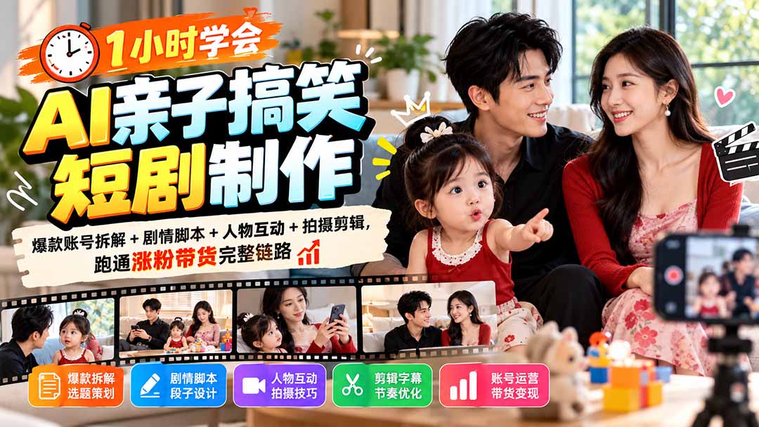 (20807期)1小时学会AI亲子搞笑短剧制作:爆款账号拆解+剧情脚本+人物互动+拍摄剪辑,跑通涨粉带货完整链路-网赚副业网