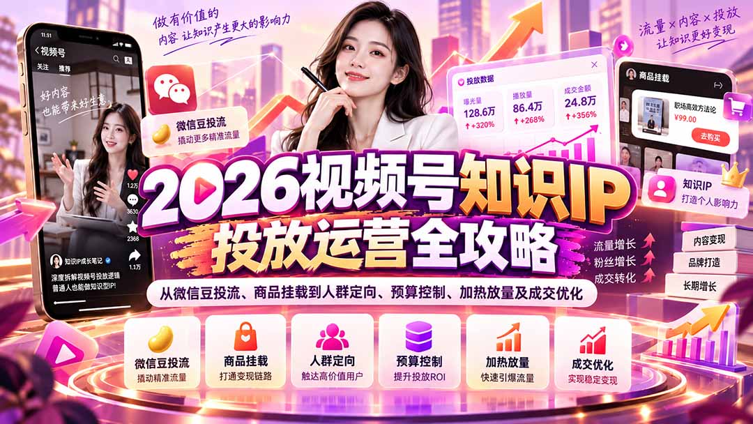 (20860期)2026视频号知识IP投放运营全攻略:从微信豆投流、商品挂载到人群定向、预算控制、加热放量及成交优化-网赚副业网