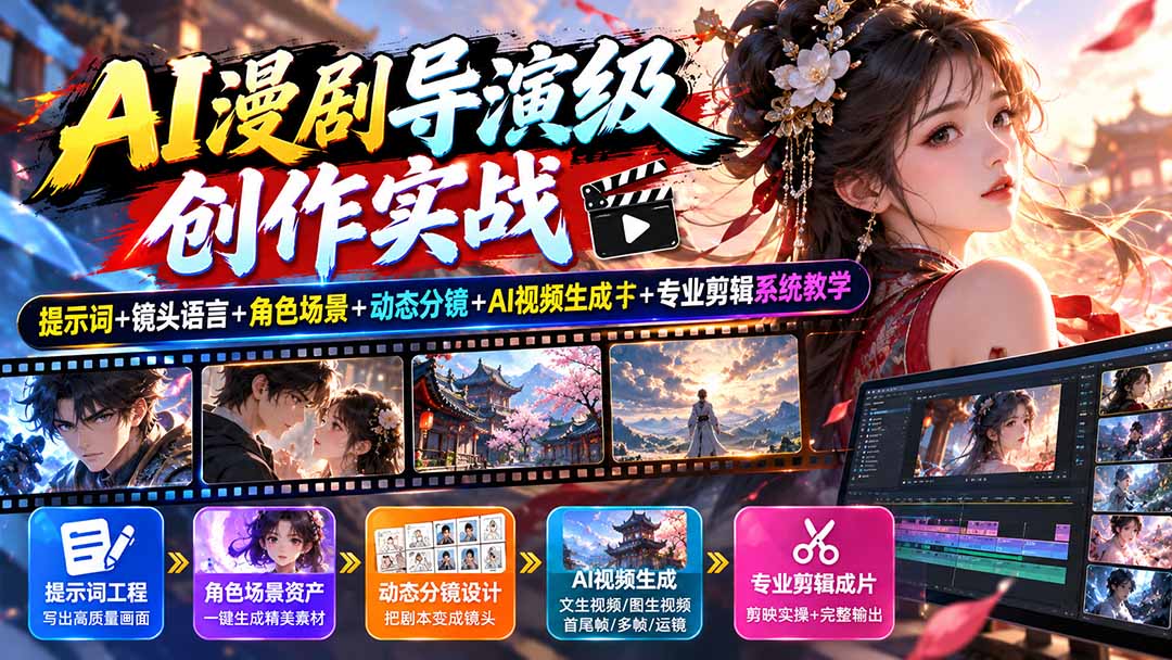 (20814期)AI漫剧导演级创作实战:提示词+镜头语言+角色场景+动态分镜+AI视频生成+专业剪辑系统教学-网赚副业网
