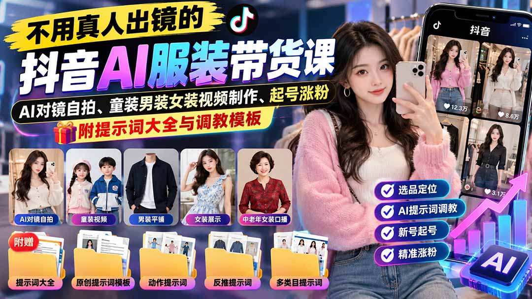 （20960期）不用真人出镜的抖音AI服装带货课：AI对镜自拍、童装男装女装视频制作、起号涨粉，附提示词大全与调教模板-网赚副业网