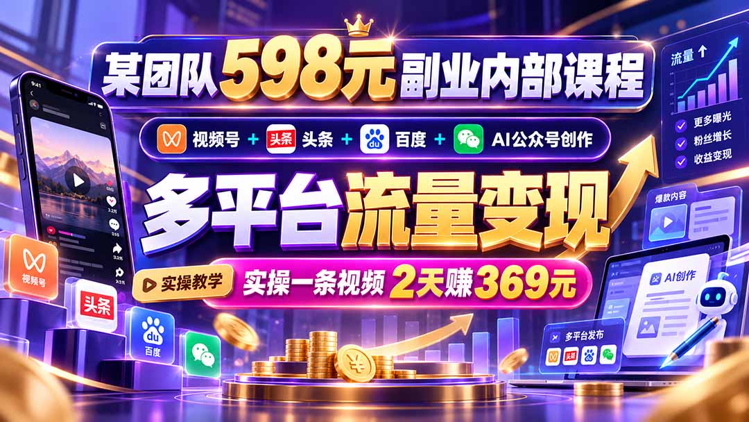 (21238期)某团队598元副业内部课程:视频号+头条+百度+AI公众号创作、多平台流量变现,实操一条视频2天赚369元-网赚副业网