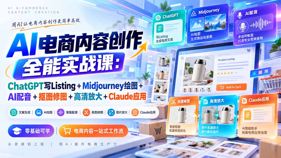 (20770期)【无水印】AI电商内容创作全能实战课:ChatGPT写Listing+Midjourney绘图+AI配音+抠图修图+高清放大+Claude应用-网赚副业网