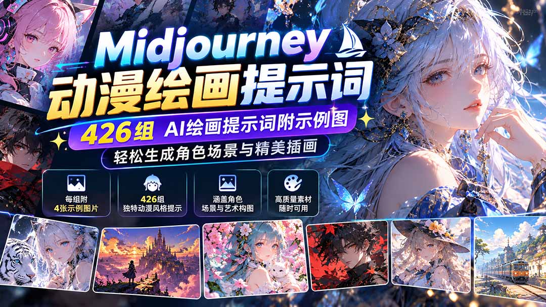 (21239期)Midjourney动漫绘画提示词:426组AI绘画提示词附示例图,轻松生成角色场景与精美插画-网赚副业网