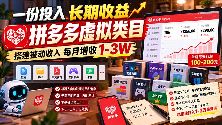 (21166期)一份投入长期收益,拼多多虚拟类目,搭建被动收入每月增收 1-3W-网赚副业网