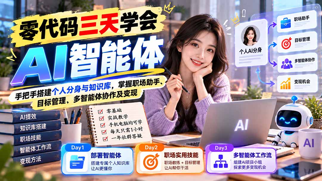 （20978期）【无水印】零代码三天学会AI智能体：手把手搭建个人分身与知识库，掌握职场助手、目标管理、多智能体协作及变现-网赚副业网