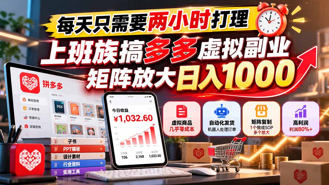 (21086期)每天只需要两小时打理,上班族搞多多虚拟副业,矩阵放大日入 1000-网赚副业网