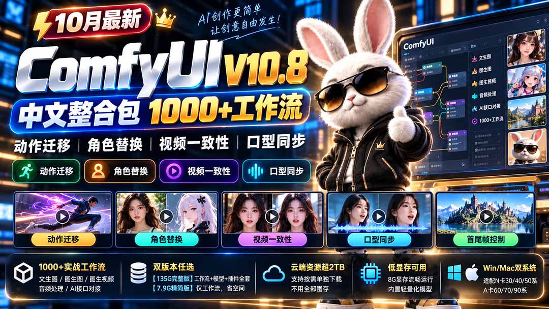 (21240期)10月最新ComfyUI V10.8中文整合包 1000+工作流 动作迁移 角色替换 视频一致性 口型同步 低显存可用-网赚副业网