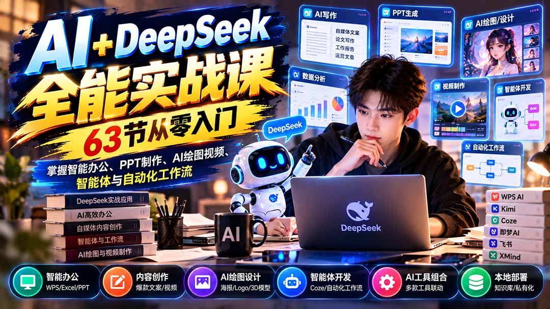 (21141期)AI+DeepSeek全能实战课:63节从零入门,掌握智能办公、PPT制作、AI绘图视频、智能体与自动化工作流-网赚副业网