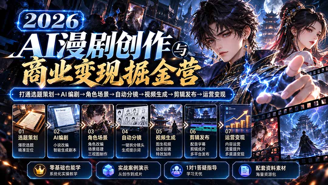 (20906期)【无水印】2026AI漫剧创作与商业变现掘金营:打通选题→AI编剧→角色场景→自动分镜→视频生成→剪辑发布→运营变现插图1 (20906期)【无水印】2026AI漫剧创作与商业变现掘金营:打通选题→AI编剧→角色场景→自动分镜→视频生成→剪辑发布→运营变现插图1
