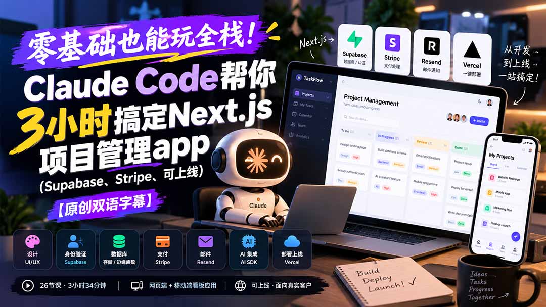 (20907期)零基础也能玩全栈!Claude Code帮你3小时搞定Next.js项目管理app(Supabase、Stripe、可上线)【原创双语字幕】-网赚副业网