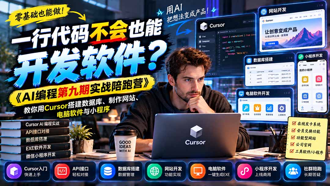 （21146期）一行代码不会也能开发软件？《AI编程第九期实战陪跑营》教你用Cursor搭建数据库、制作网站、电脑软件与小程序-网赚副业网