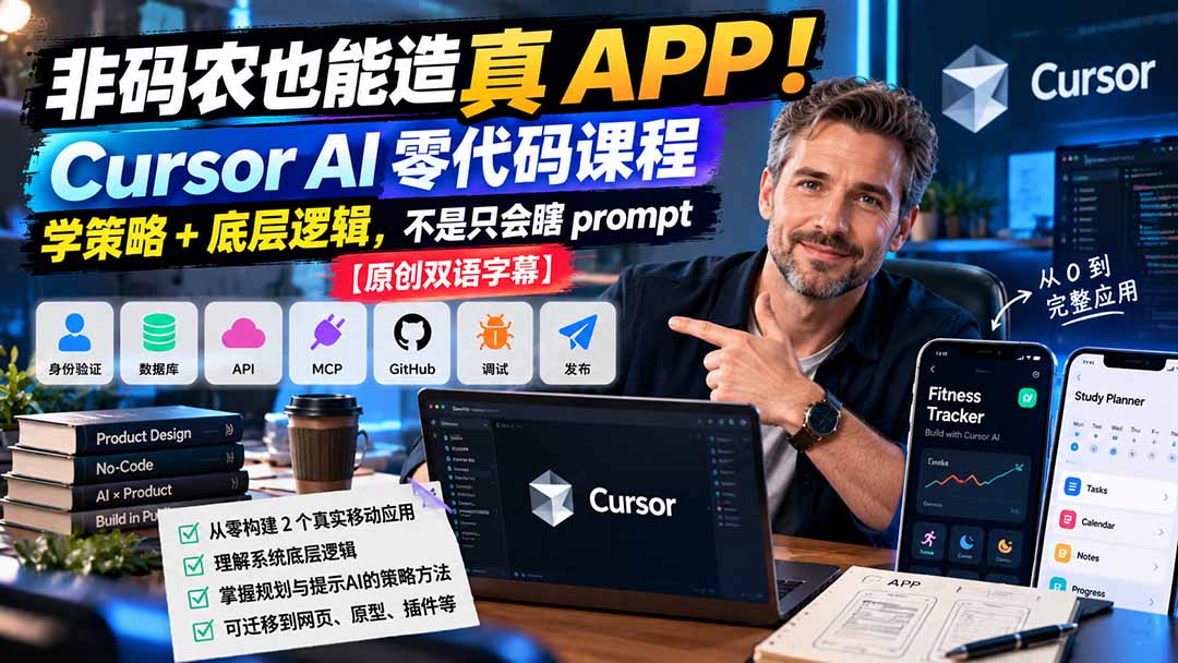 (20810期)非码农也能造真 APP!Cursor AI 零代码课程:学策略 + 底层逻辑,不是只会瞎 prompt【原创双语字幕】-网赚副业网