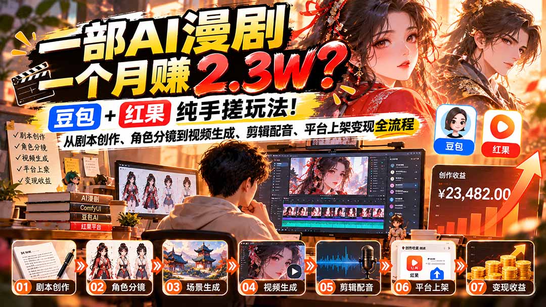 (21089期)一部AI漫剧一个月赚2.3W?豆包+红果纯手搓玩法!从剧本创作、角色分镜到视频生成、剪辑配音、平台上架变现全流程-网赚副业网