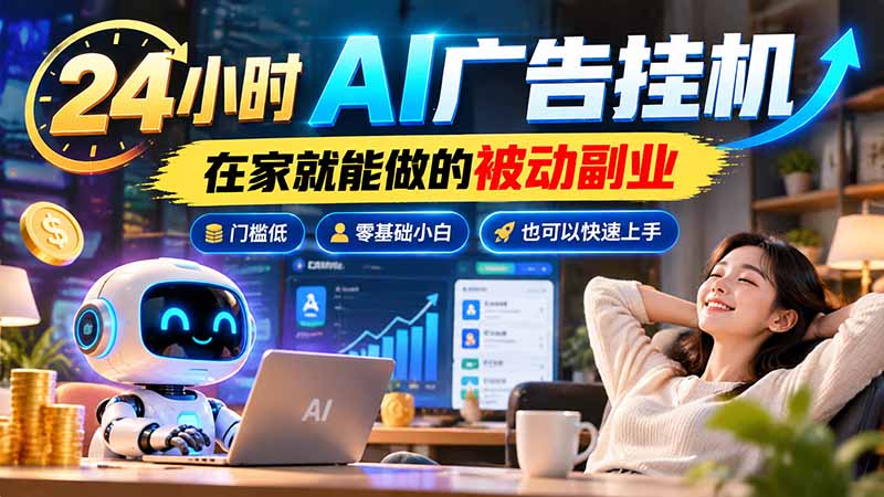 (21118期)24小时AI广告挂机|在家就能做的被动副业,门槛低,零基础小白也可以快速上手-网赚副业网
