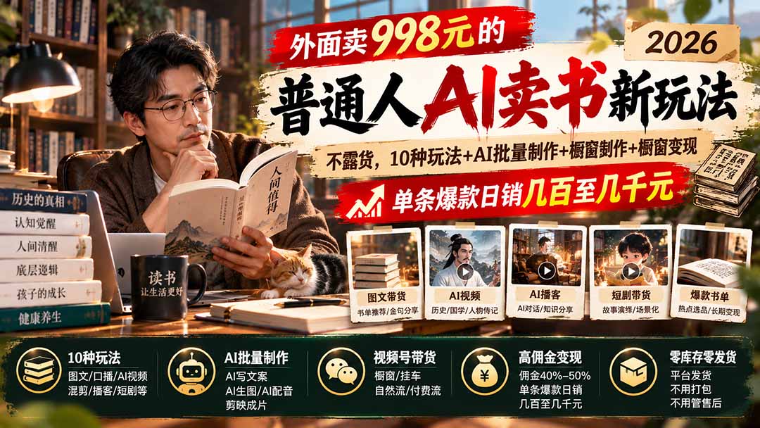 (20909期)外面卖998元的2026普通人AI卖书新玩法:不露脸、不囤货,10种玩法+AI批量制作+橱窗变现,单条爆款日销几百至几千元-网赚副业网