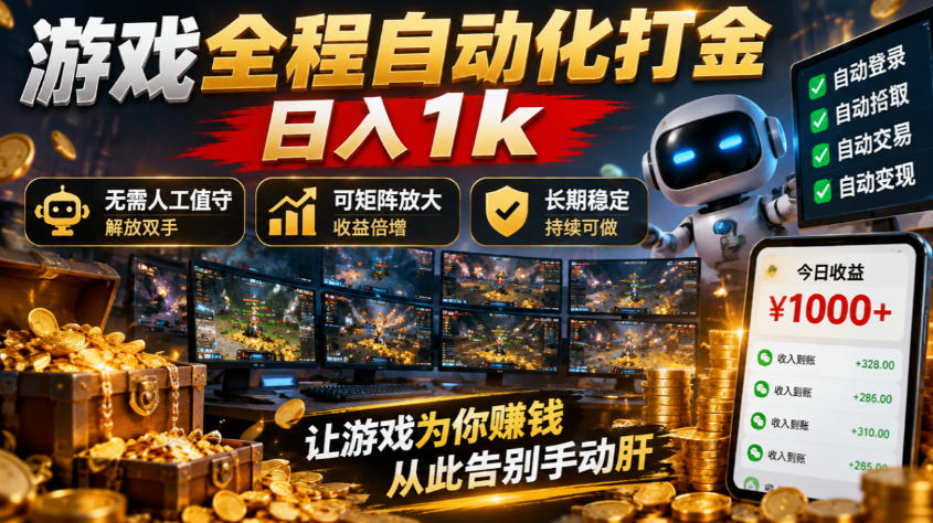 （21119期）游戏全程自动化打金，日入1k，无需人工值守，解放双手，可矩阵放大，长期稳定！-网赚副业网