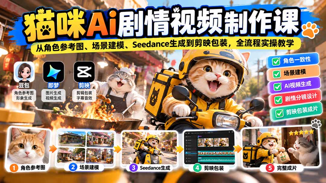 (20793期)猫咪AI剧情视频制作课:从角色参考图、场景建模、Seedance生成到剪映包装,全流程实操教学-网赚副业网
