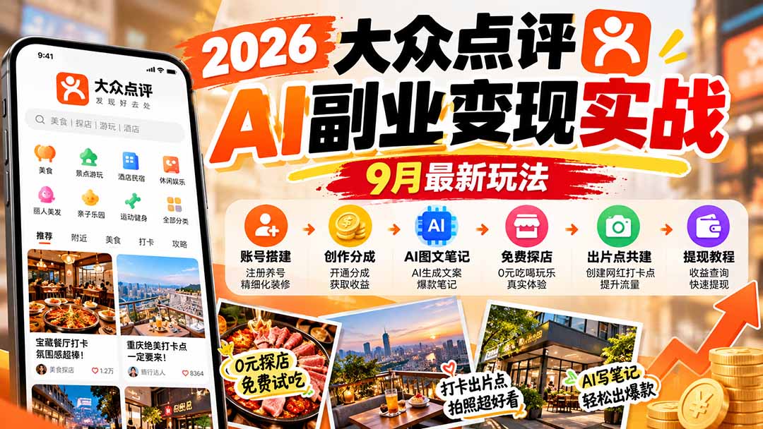 （20873期）2026大众点评AI副业变现实战9月最新玩法：账号搭建+创作分成+AI图文笔记+免费探店+出片点共建与提现教程-网赚副业网