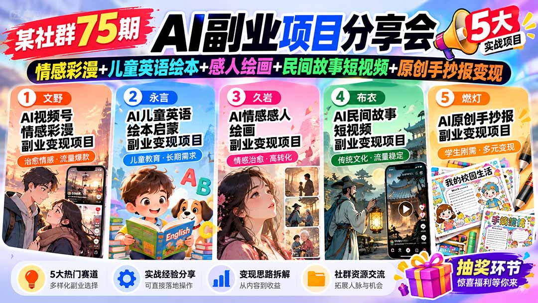 (20874期)某社群75期AI副业项目分享会:情感彩漫+儿童英语绘本+感人绘画+民间故事短视频+原创手抄报变现插图1 (20874期)某社群75期AI副业项目分享会:情感彩漫+儿童英语绘本+感人绘画+民间故事短视频+原创手抄报变现插图1