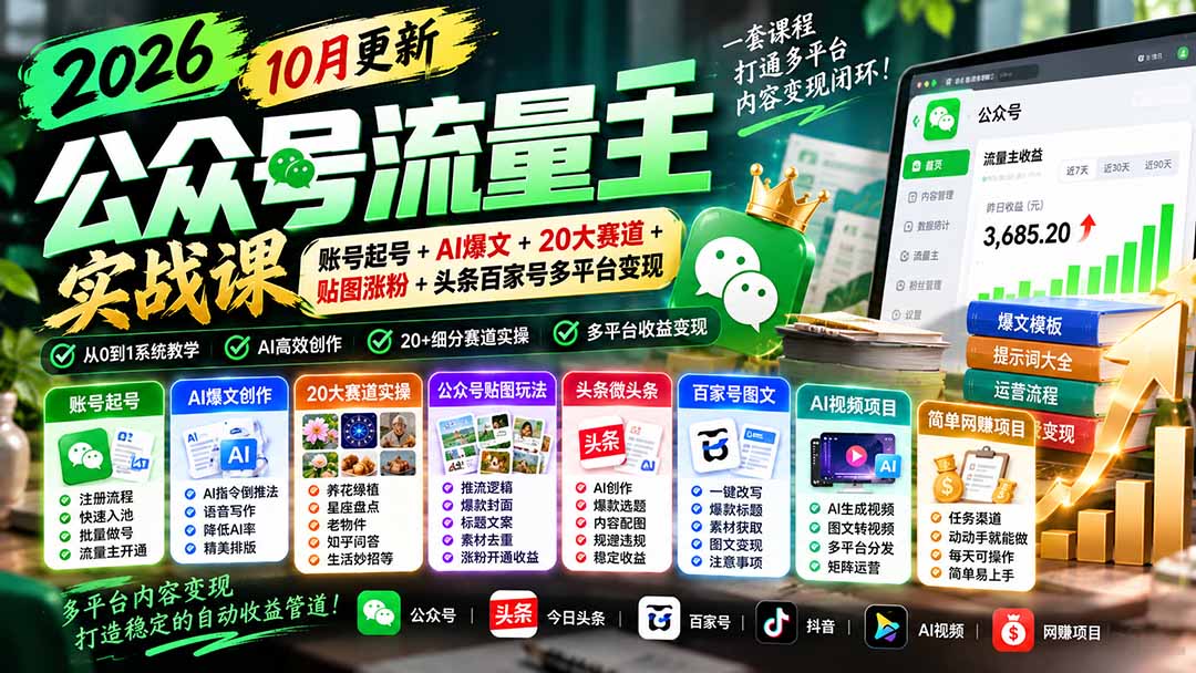 (20878期)2026公众号流量主实战课-10月更新:账号起号+AI爆文+20大赛道+贴图涨粉+头条百家号多平台变现-网赚副业网