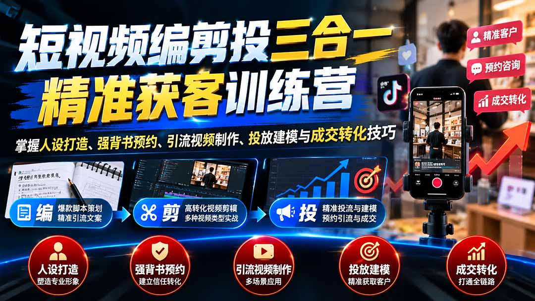 (20910期)短视频编剪投三合一精准获客训练营:掌握人设打造、强背书预约、引流视频制作、投放建模与成交转化技巧-网赚副业网