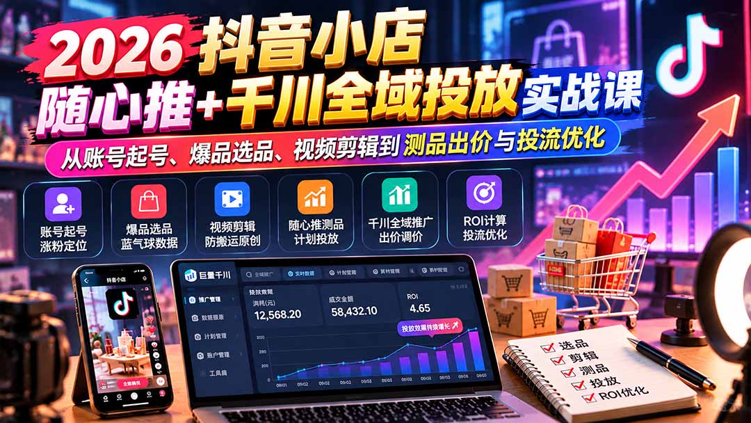 (20998期)2026抖音小店随心推+千川全域投放实战课:从账号起号、爆品选品、视频剪辑到测品出价与投流优化-网赚副业网