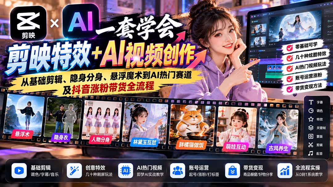 (20999期)一套学会剪映特效+AI视频创作:从基础剪辑、隐身分身、悬浮魔术到AI热门赛道及抖音涨粉带货全流程-网赚副业网