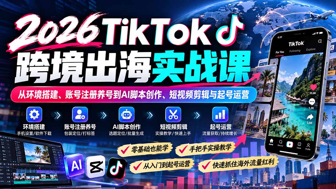(21170期)2026TikTok跨境出海实战课:从环境搭建、账号注册养号到AI脚本创作、短视频剪辑与起号运营-网赚副业网