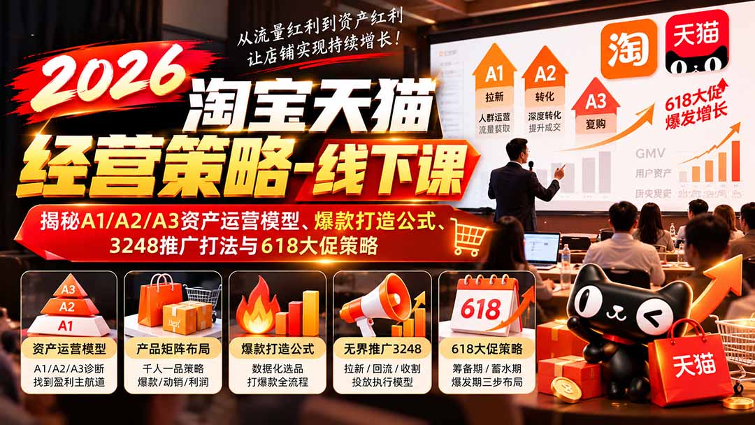 (20912期)2026淘宝天猫经营策略-线下课:揭秘A1/A2/A3资产运营模型、爆款打造公式、3248推广打法与618大促策略-网赚副业网