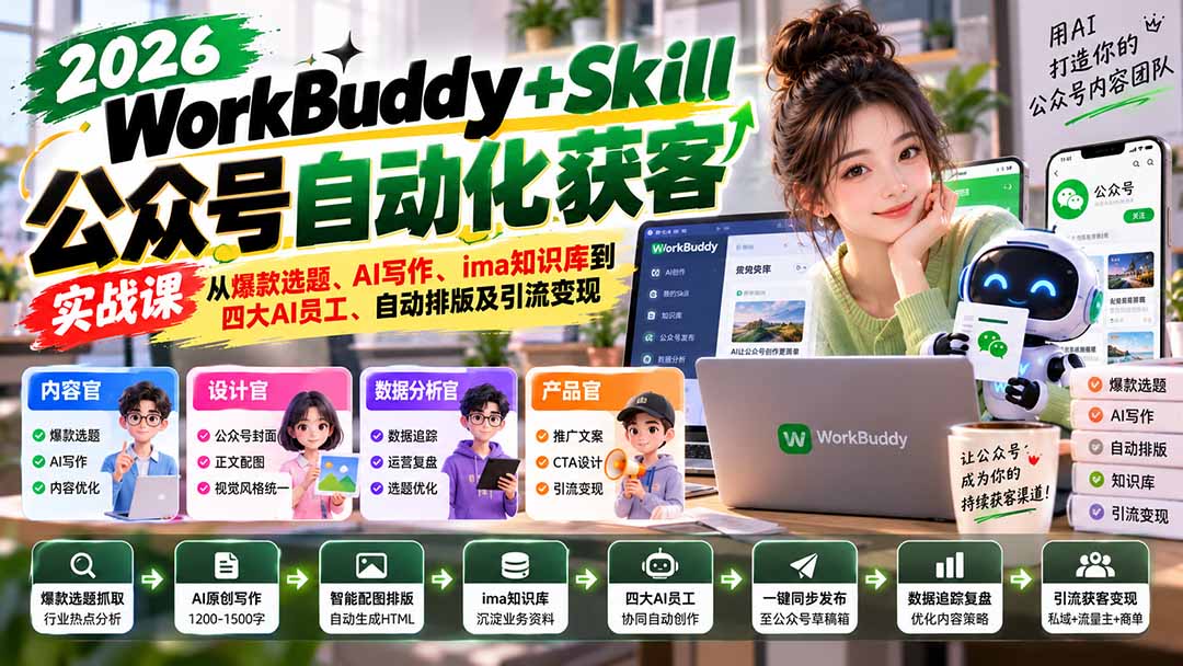 (21023期)WorkBuddy + Skill公众号自动化获客实战课:从爆款选题、AI写作、ima知识库到四大AI员工、自动排版及引流变现-网赚副业网