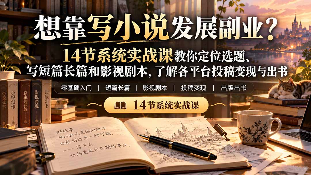 (21031期)【无水印】想靠写小说发展副业?14节系统实战课教你定位选题、写短篇长篇和影视剧本,了解各平台投稿变现与出书-网赚副业网