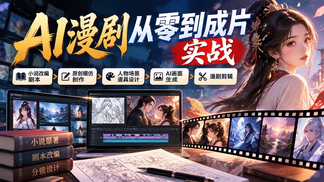 （21069期）AI漫剧从零到成片实战：小说改编剧本、原创模仿创作、人物场景道具设计、AI画面生成与漫剧剪辑-网赚副业网