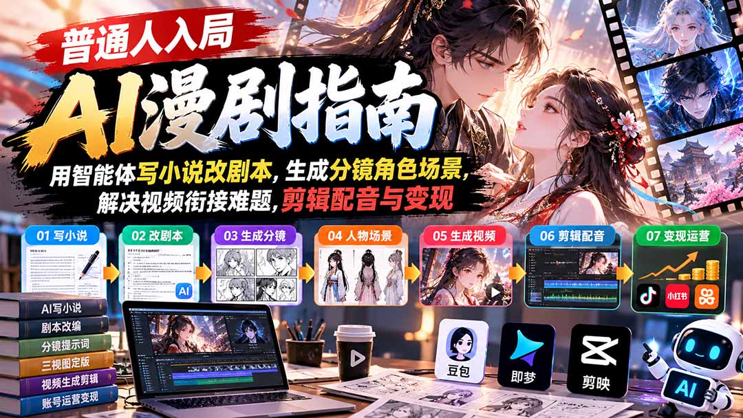 (21033期)【无水印】普通人入局AI漫剧指南:用智能体写小说改剧本,生成分镜角色场景,解决视频衔接难题,剪辑配音与变现-网赚副业网