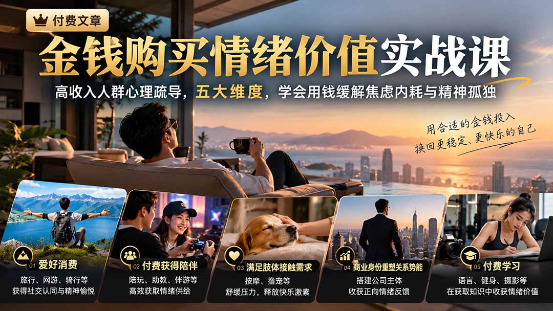 (20941期)付费文章:金钱购买情绪价值实战课|高收入人群心理疏导,五大维度,学会用钱缓解焦虑内耗与精神孤独-网赚副业网
